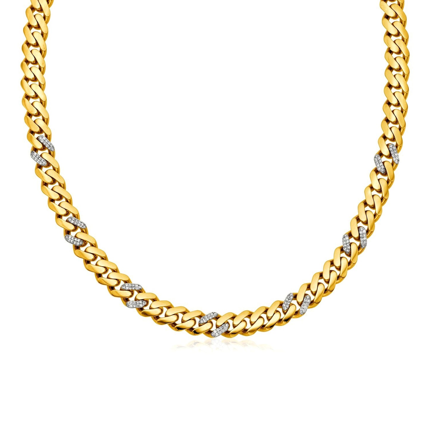 Yellow Gold 14k 18 inch Polished Curb Chain Necklace with Diamonds