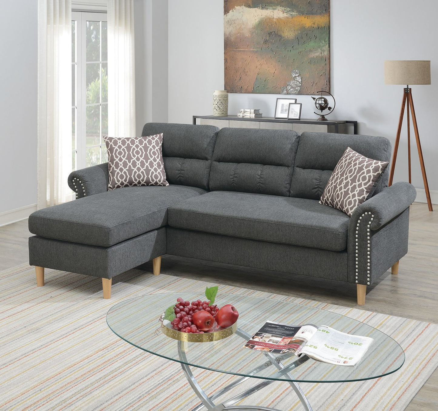 Slate Color Polyfiber Reversible Sectional Sofa Set Chaise Pillows Plush Cushion Couch Nailheads