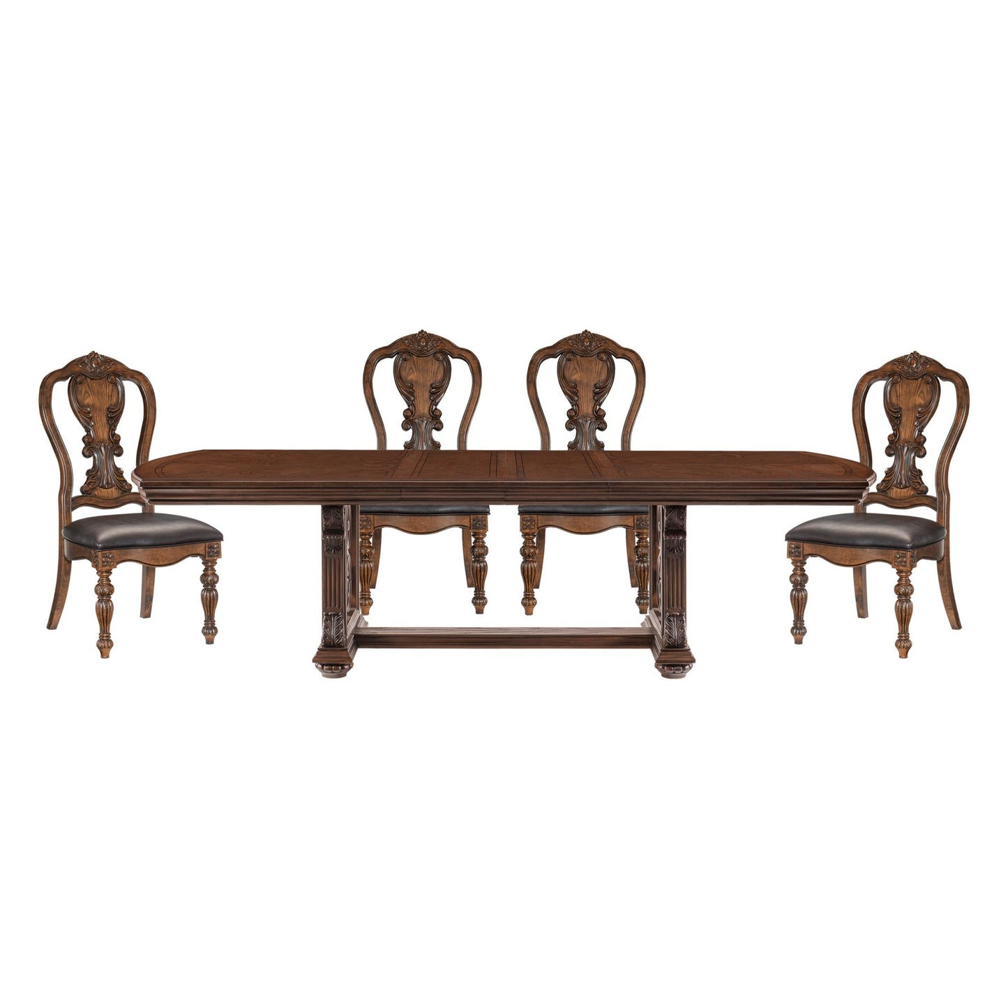 Lavish Style Formal Dining 5pc set Dining Table w Extension Leaf and 4x Side Chairs Dark Oak Finish Wooden Furniture