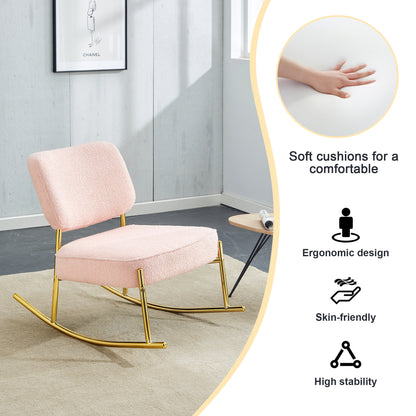 Teddy velvet material cushioned rocking chair, unique rocking chair, cushioned seat, pink backrest rocking chair, and golden metal legs. Comfortable side chairs in the living room, bedroom, and office