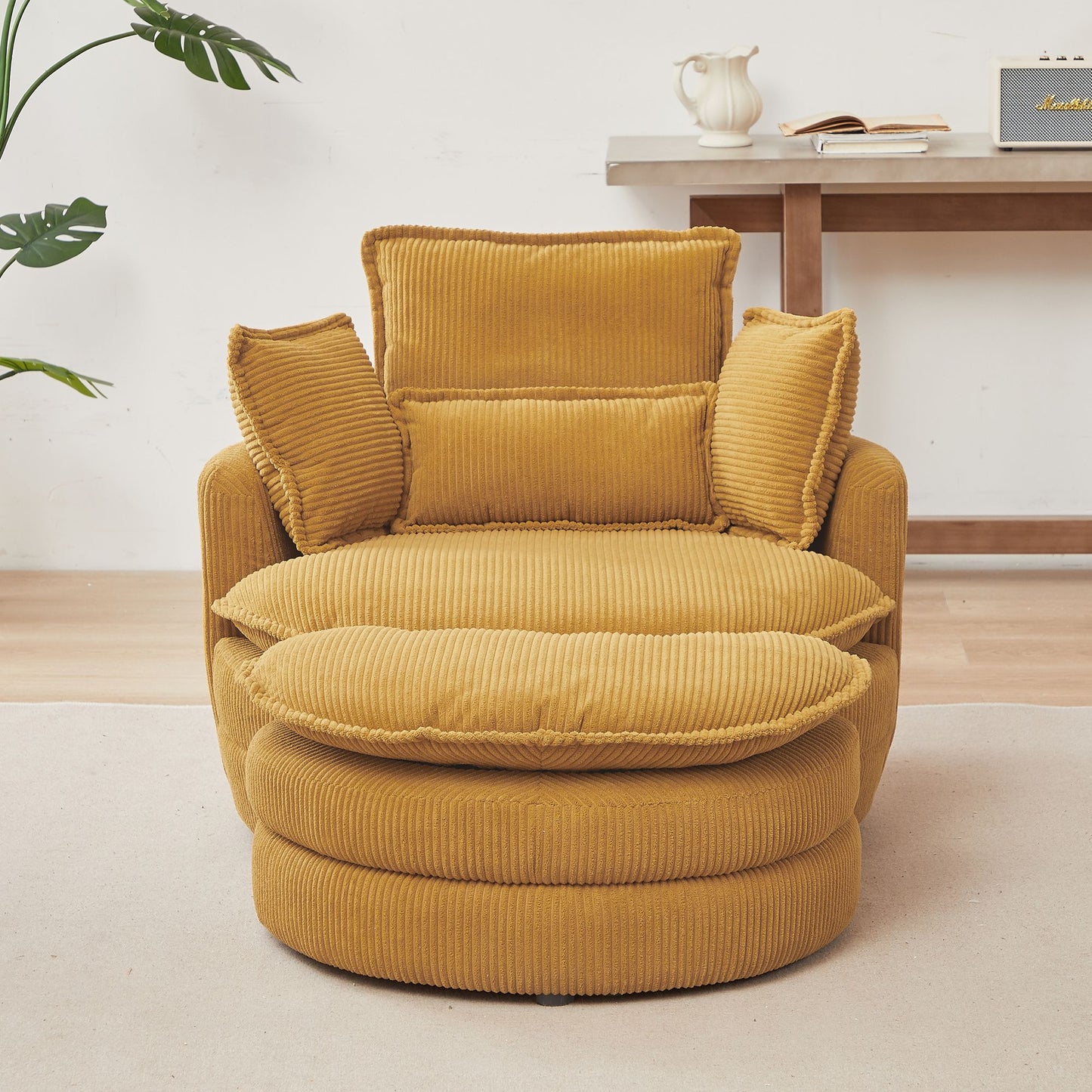 38" Modern Accent Round Swivel Barrel Oversized Chair with Moon Storage Ottoman & 4 Pillows in Yellow Corduroy