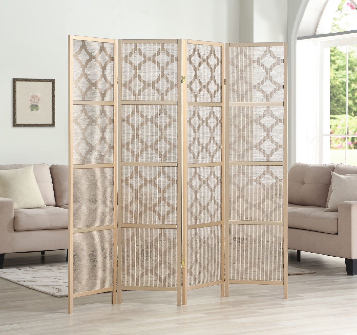 Quarterfoil infused Diamond Design 4-Panel Room Divider, Gold