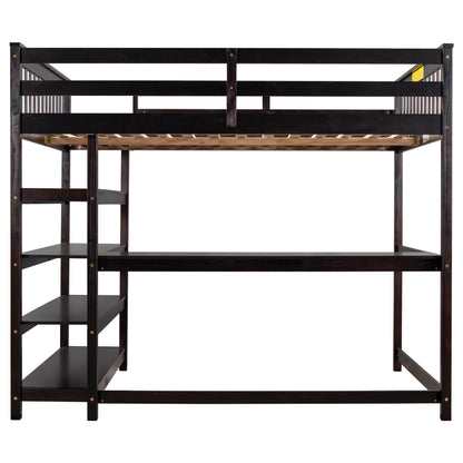 Full Size Loft Bed with Storage Shelves and Under-bed Desk, Espresso(OLD SKU:SM000246AAP-1)