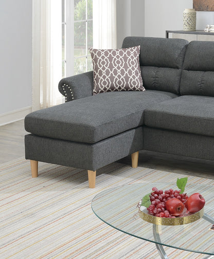 Slate Color Polyfiber Reversible Sectional Sofa Set Chaise Pillows Plush Cushion Couch Nailheads