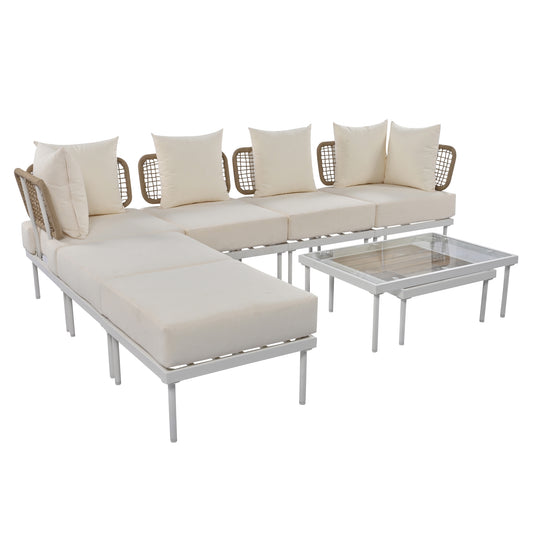 TREXM 8-Piece Patio Sectional Sofa Set with Tempered Glass Coffee Table and Wooden Coffee Table for Outdoor Oasis, Garden, Patio and Poolside (Beige Cushion + White Steel)