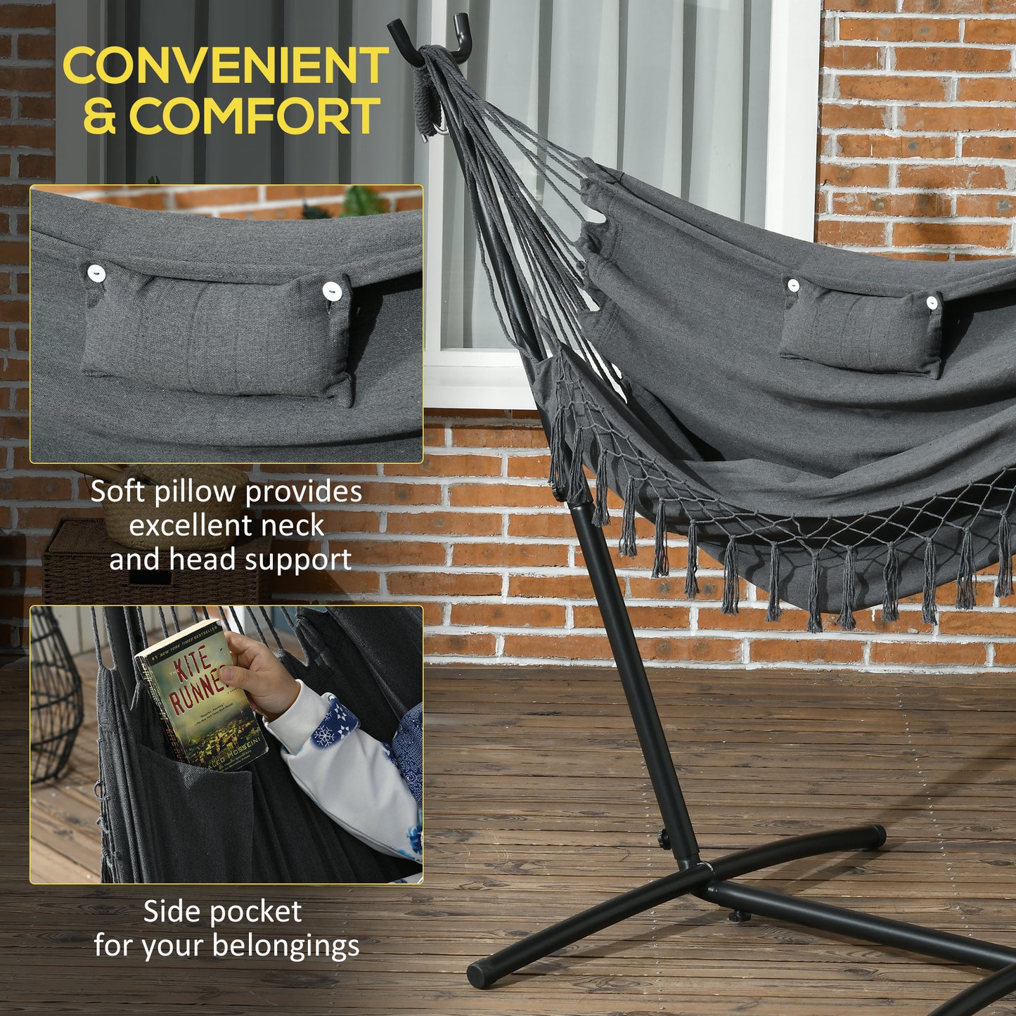 Outsunny Patio Hammock Chair with Stand, Outdoor Hammock Swing Hanging Lounge Chair with Side Pocket and Headrest, Dark Gray