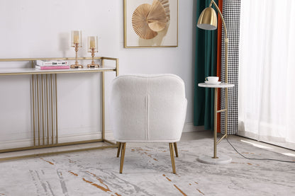 Modern Soft White Teddy fabric Ivory Ergonomics Accent Chair Living Room Chair Bedroom Chair Home Chair With Gold Legs And Adjustable Legs For Indoor Home