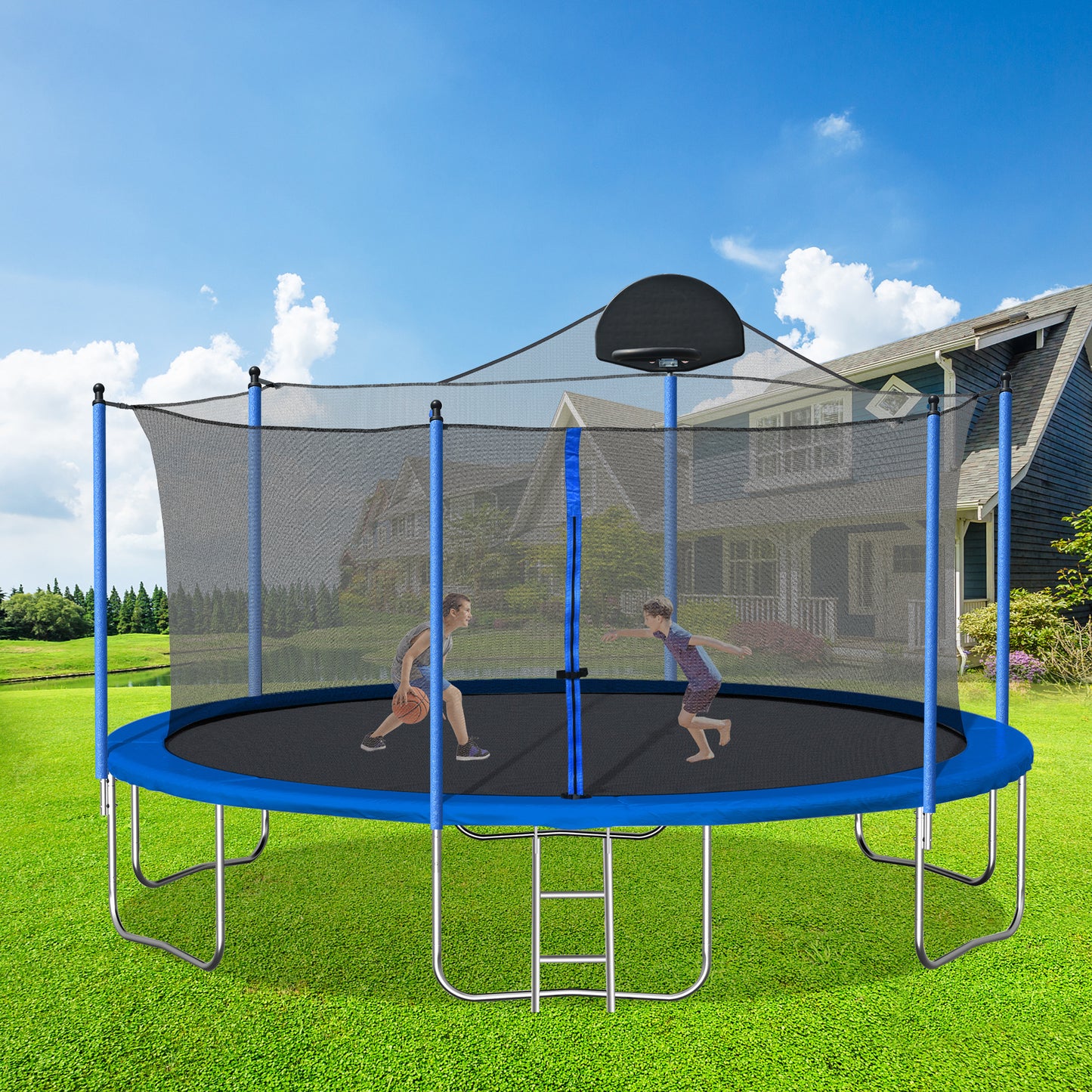 14FT Trampoline for Adults & Kids with Basketball Hoop, Outdoor Trampolines w/Ladder and Safety Enclosure Net for Kids and Adults