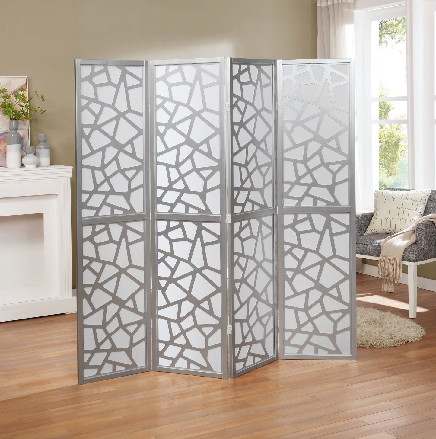 Giyano 4 Panel Screen Room Divider, Sliver