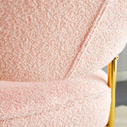 Teddy velvet material cushioned rocking chair, unique rocking chair, cushioned seat, pink backrest rocking chair, and golden metal legs. Comfortable side chairs in the living room, bedroom, and office