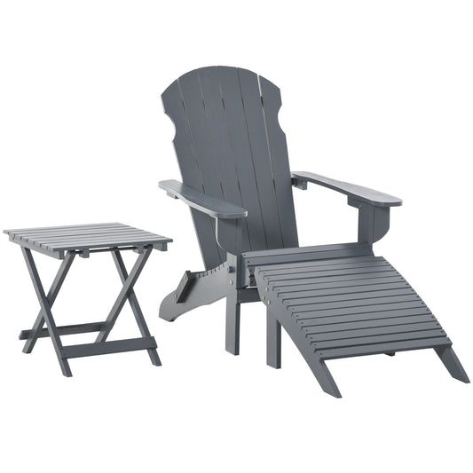 3-Piece Folding Adirondack Chair with Ottoman and Side Table, Outdoor Wooden Fire Pit Chairs w/ High-back, Wide Armrests for Patio, Backyard, Garden, Lawn Furniture, Gray