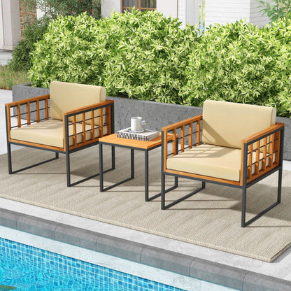 3 Pieces Patio Chair Set Acacia Wood Outdoor Sofa Set with Soft Cushions