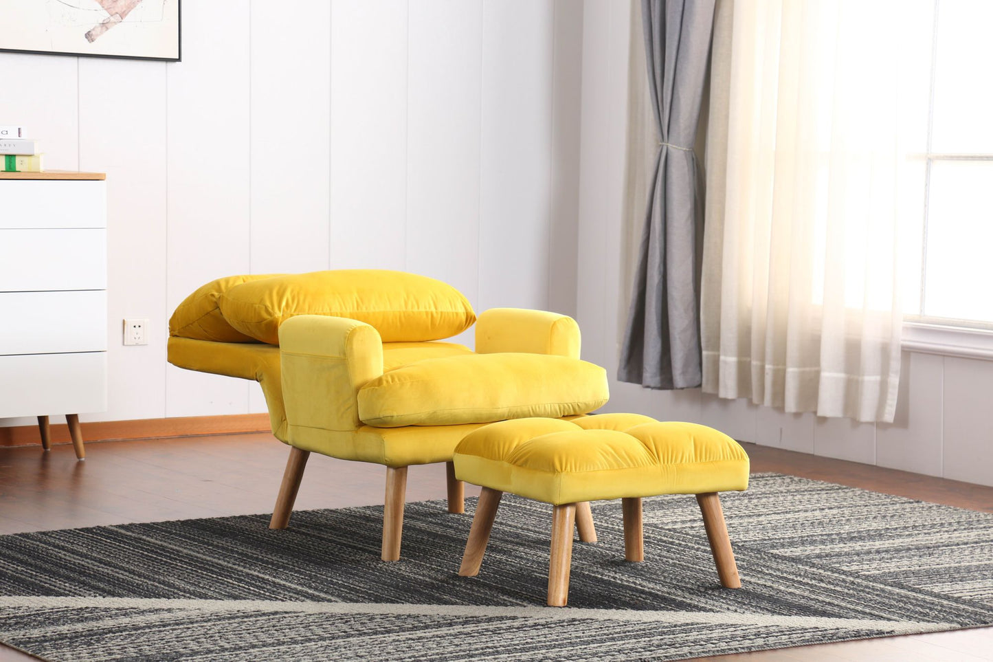 Soft Comfortable 1pc Accent Click Clack Chair with Ottoman Yellow Fabric Upholstered Oak Finish Legs Living Room Furniture