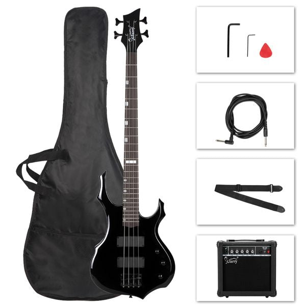 [Do Not Sell on Amazon]Full Size Glarry 4 String Burning Fire enclosed H-H Pickup Electric Bass Guitar with 20W Amplifier Bag Strap Connector Wrench Tool Black