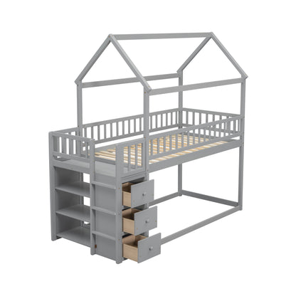 TWIN/TWIN HOUSE BUNK BED WITH SHELVES AND DRAWERS FOR GREY COLOR