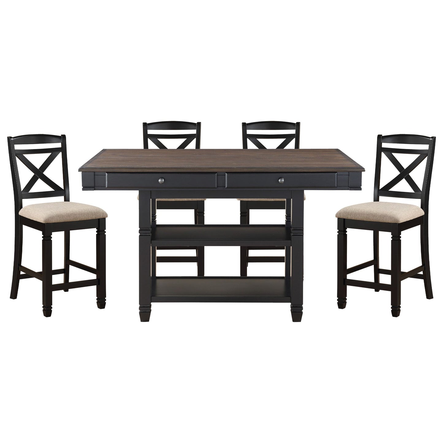 Transitional Style Dining Counter Height Chairs Set of 2pc Black Finish Wood Beige Fabric Seat Dining Room Furniture