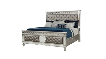 Symphony Modern Style Ringed & Mirror Front Crystal Tufted Upholstery Queen Bed Made with Wood & Diamond shaped legs in Silver