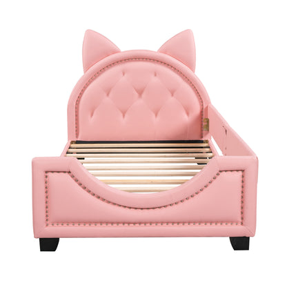 Twin Size Upholstered Daybed with Carton Ears Shaped Headboard, Pink