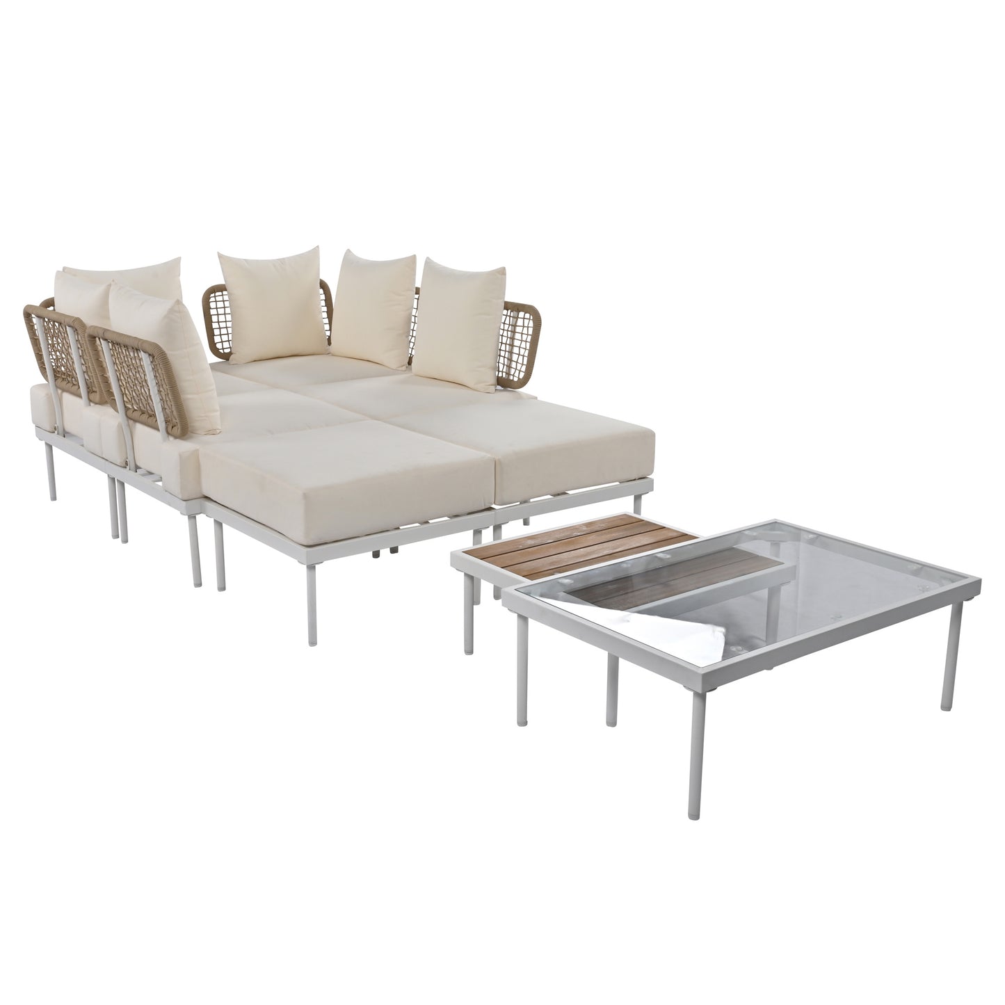 TREXM 8-Piece Patio Sectional Sofa Set with Tempered Glass Coffee Table and Wooden Coffee Table for Outdoor Oasis, Garden, Patio and Poolside (Beige Cushion + White Steel)