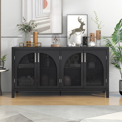 TREXM Large Storage Space Sideboard with Artificial Rattan Door and Metal Handles for Living Room and Entryway (Black)