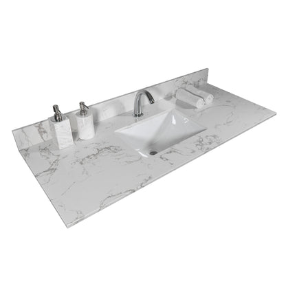 Montary 43x22 inch bathroom stone vanity top engineered stone carrara white marble color with rectangle undermount ceramic sink and single faucet hole with back splash .