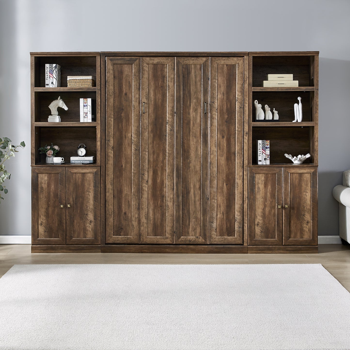 Full Size Murphy Wall Bed with 2 Side Cabinet Storage Shelf, Cabinet Space-Saving Bed Perfect for Guest Room, Bed Room, Guest Room, Home Office, Brown