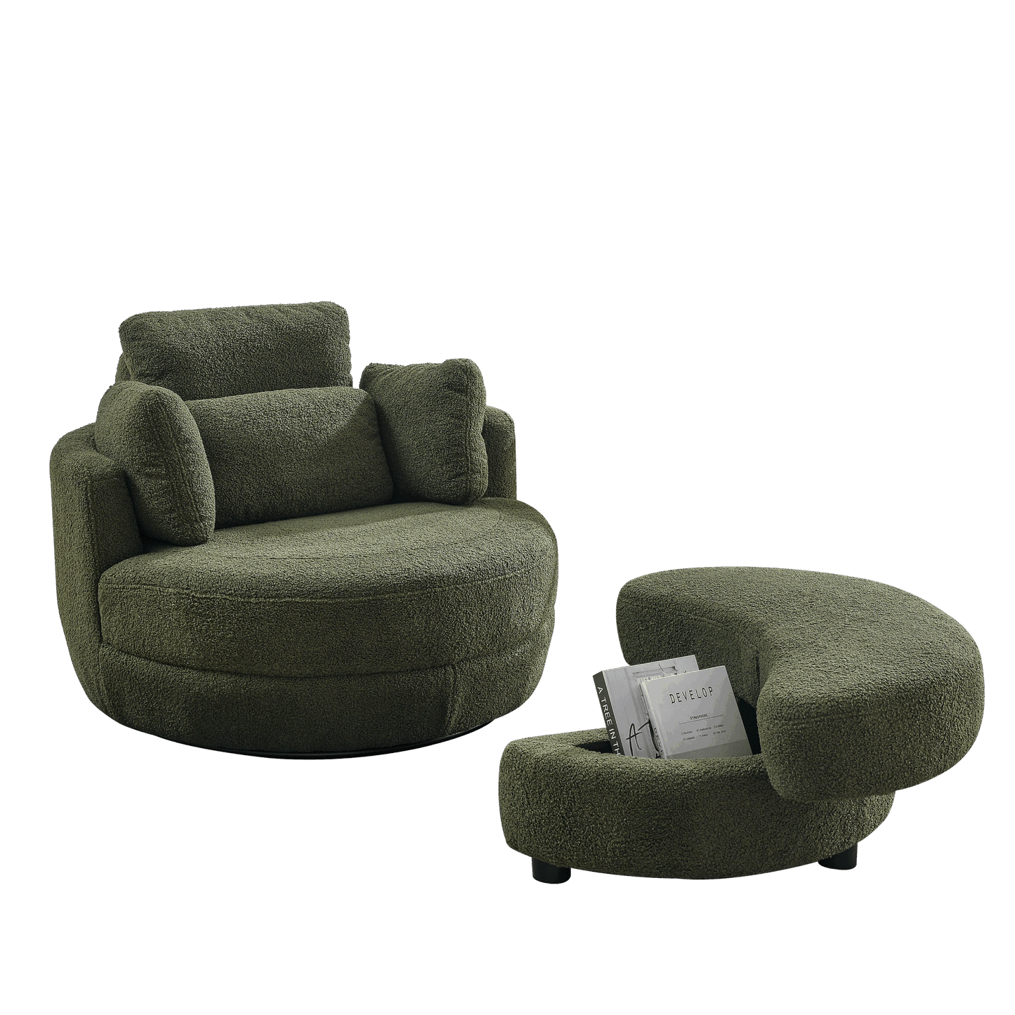 39"W Oversized Swivel Chair with moon storage ottoman for Living Room, Modern Accent Round Loveseat Circle Swivel Barrel Chairs for Bedroom Cuddle Sofa Chair Lounger Armchair, 4 Pillows, Teddy Fabric