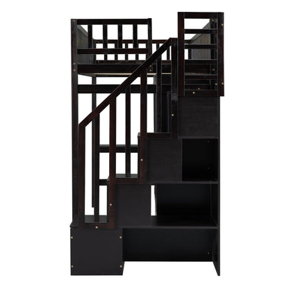 Twin size Loft Bed with Bookshelf,Drawers,Desk,and Wardrobe-Espresso