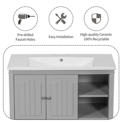 Bathroom Vanity with Ceramic Basin, Storage Cabinet, Two Doors and Drawers