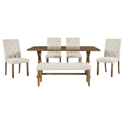 TREXM 6-Piece Farmhouse Dining Table Set 72" Wood Rectangular Table, 4 Upholstered Chairs with Bench (Walnut)