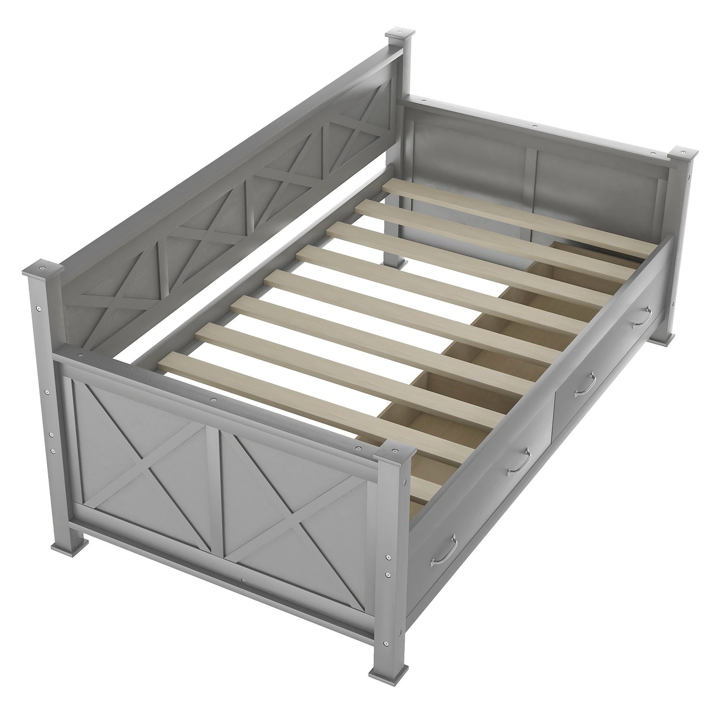 Twin Size Daybed with 2 Large Drawers, X-shaped Frame, Modern and Rustic Casual Style Daybed, Gray