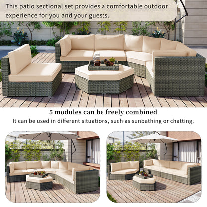 U-style Patio Furniture Set, 6 Piece Outdoor Conversation Set All Weather Wicker Sectional Sofa with Ottoman and Cushions and Small Trays