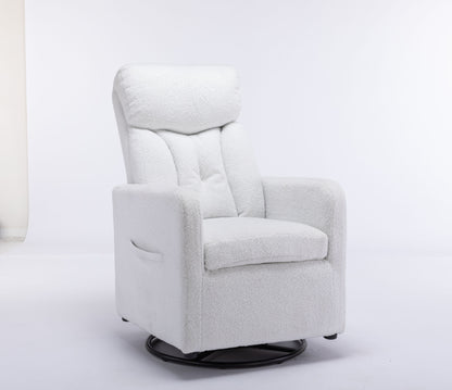 022-Teddy Fabric Swivel Rocking Chair Gilder Chair With Pocket,White