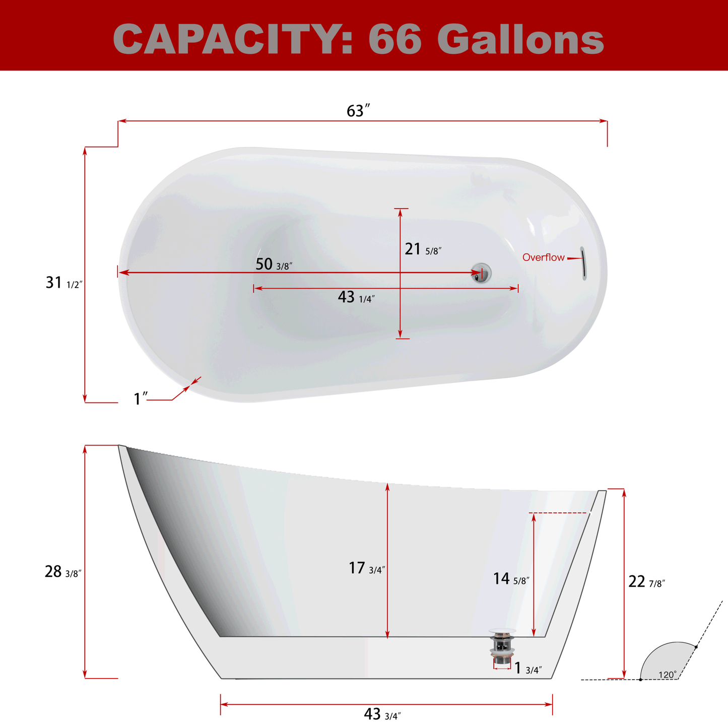 Contemporary High-Gloss Acrylic Freestanding Soaking Bathtub with Chrome Overflow in White, cUPC Certified - 63*31.5 22A04-63