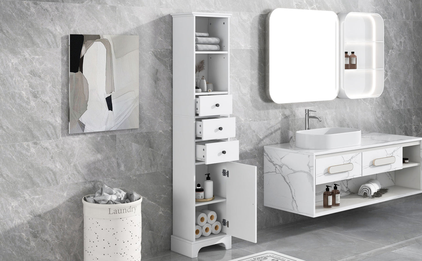 White Tall Bathroom Cabinet, Freestanding Storage Cabinet with 3 Drawers and Adjustable Shelf, MDF Board with Painted Finish