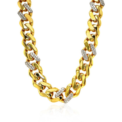 Yellow Gold 14k 18 inch Polished Curb Chain Necklace with Diamonds