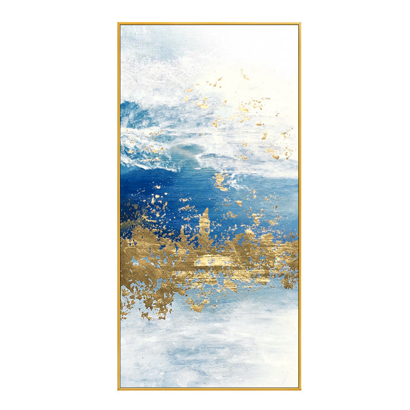 100% Handmade Modern Abstract Gold Foil Lines Blue Canvas Art Painting