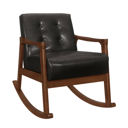 1pc Rocking Chair Dark Brown Faux Leather Upholstery Button Tufted Solid Wood Furniture