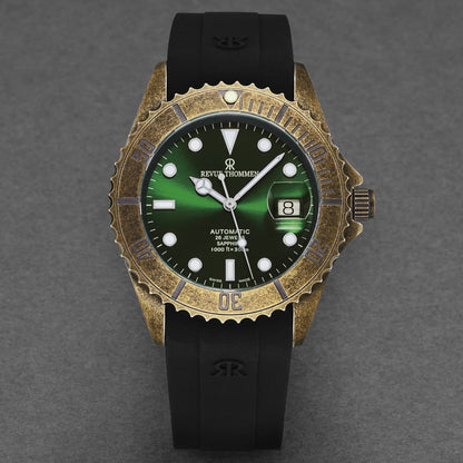 Revue Thommen Men's 'Diver' Green Dial Black Rubber Gunmetal Automatic Watch 17571.2884