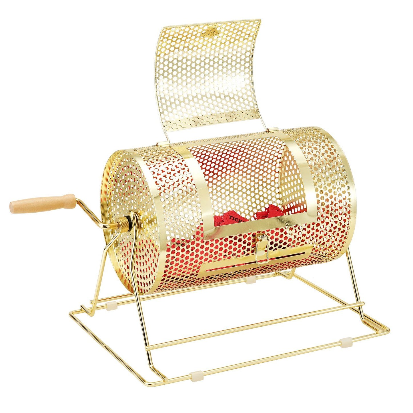 VEVOR Raffle Drum,Holds 2500 Tickets or 100 Ping Pong Balls, Metal Lottery Spinning Drawing with Wooden Turning Handle,11.6 x Ø7.48 inch Brass Plated Raffle Ticket Spinning Cage, for Bingo Ballot Pa