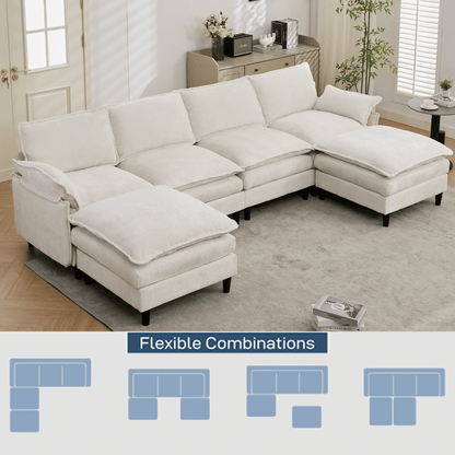 [NEW ARRIVED]Modular Sofa,U Shaped Cloud Couch Comfy Set ,6-Seater, 2 Armrest Pillows, Convertible Sectional Couch, Living Room,Apartment, Chenille(2 Movable Ottoman),Beige