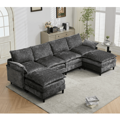 [NEW ARRIVED]Modular Sofa,U Shaped Cloud Couch Comfy Set ,6-Seater, 2 Armrest Pillows,Convertible Sectional Couch, Living Room,Apartment, Chenille(2 Movable Ottoman), Dark Gray