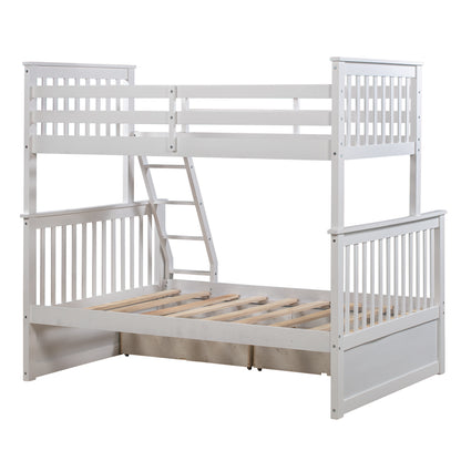 Twin Over Full Bunk Bed with Storage Drawers, Wooden Bunk Bed with Ladder and Safety Guard Rails –White