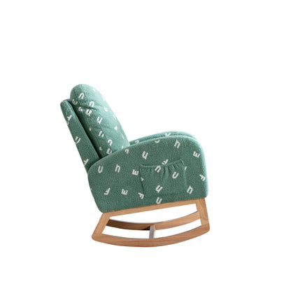 26.8"W Modern Rocking Chair for Nursery, Mid Century Accent Rocker Armchair With Side Pocket, Upholstered High Back Wooden Rocking Chair for Living Room Baby Kids Room Bedroom, Green Boucle