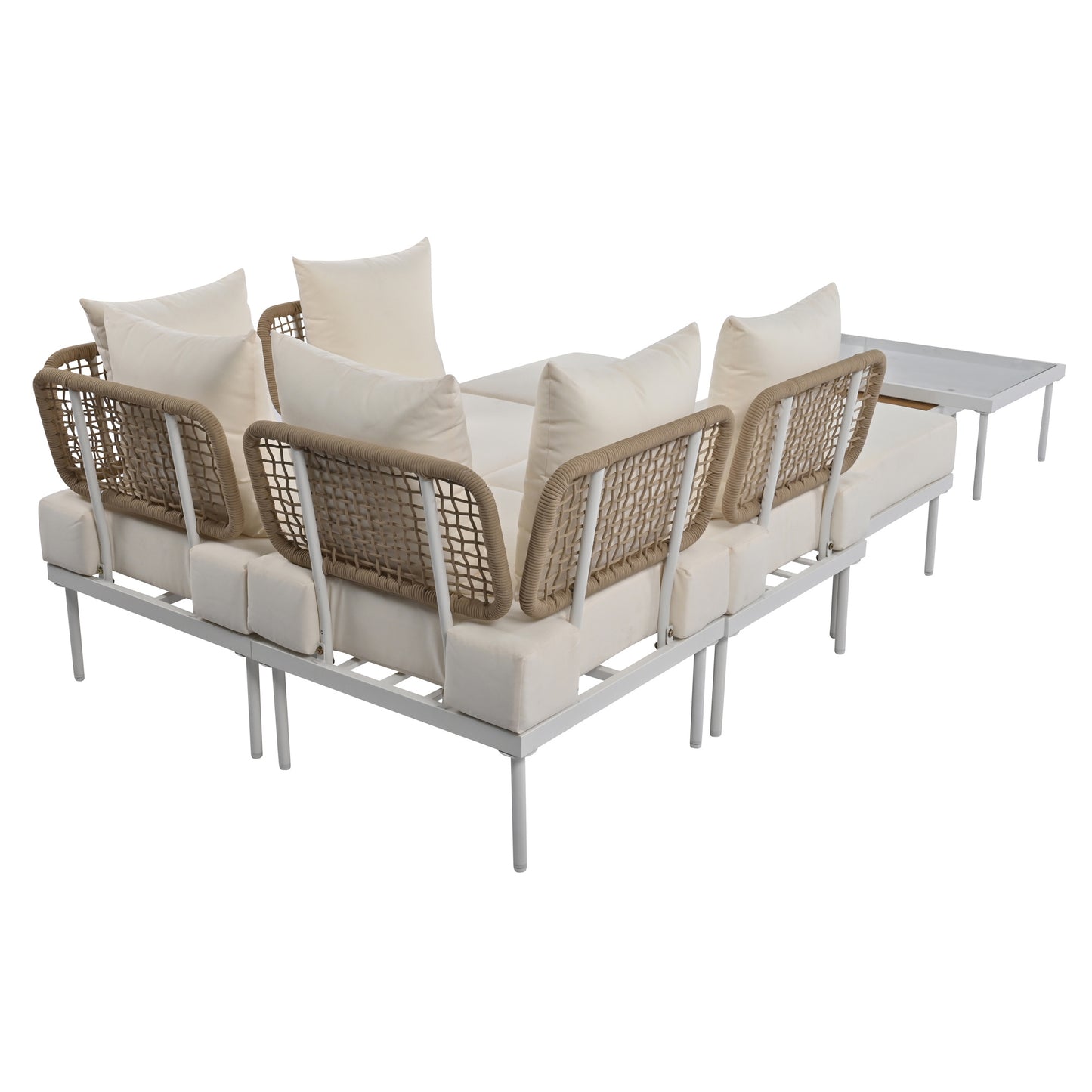 TREXM 8-Piece Patio Sectional Sofa Set with Tempered Glass Coffee Table and Wooden Coffee Table for Outdoor Oasis, Garden, Patio and Poolside (Beige Cushion + White Steel)