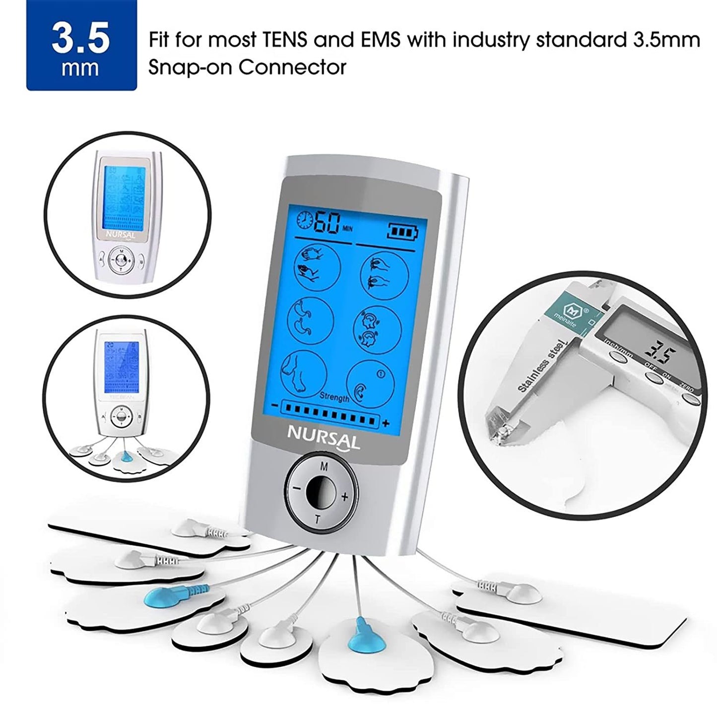 TENS/EMS Unit Replacement Pads NURSAL 20 Pack 3.5mm Snap Electrode Pads for Electrotherapy (Not Fit NURSAL Blue Tens) Reuse More Than 30 Times, Compatible with MEDVICE,Belifu TENS Machine