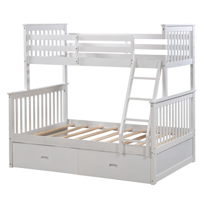 Twin Over Full Bunk Bed with Storage Drawers, Wooden Bunk Bed with Ladder and Safety Guard Rails –White