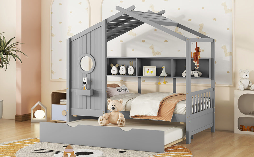 Wooden Twin Size House Bed With Trundle, Modern Design for Kids with Storage Shlef, Gray