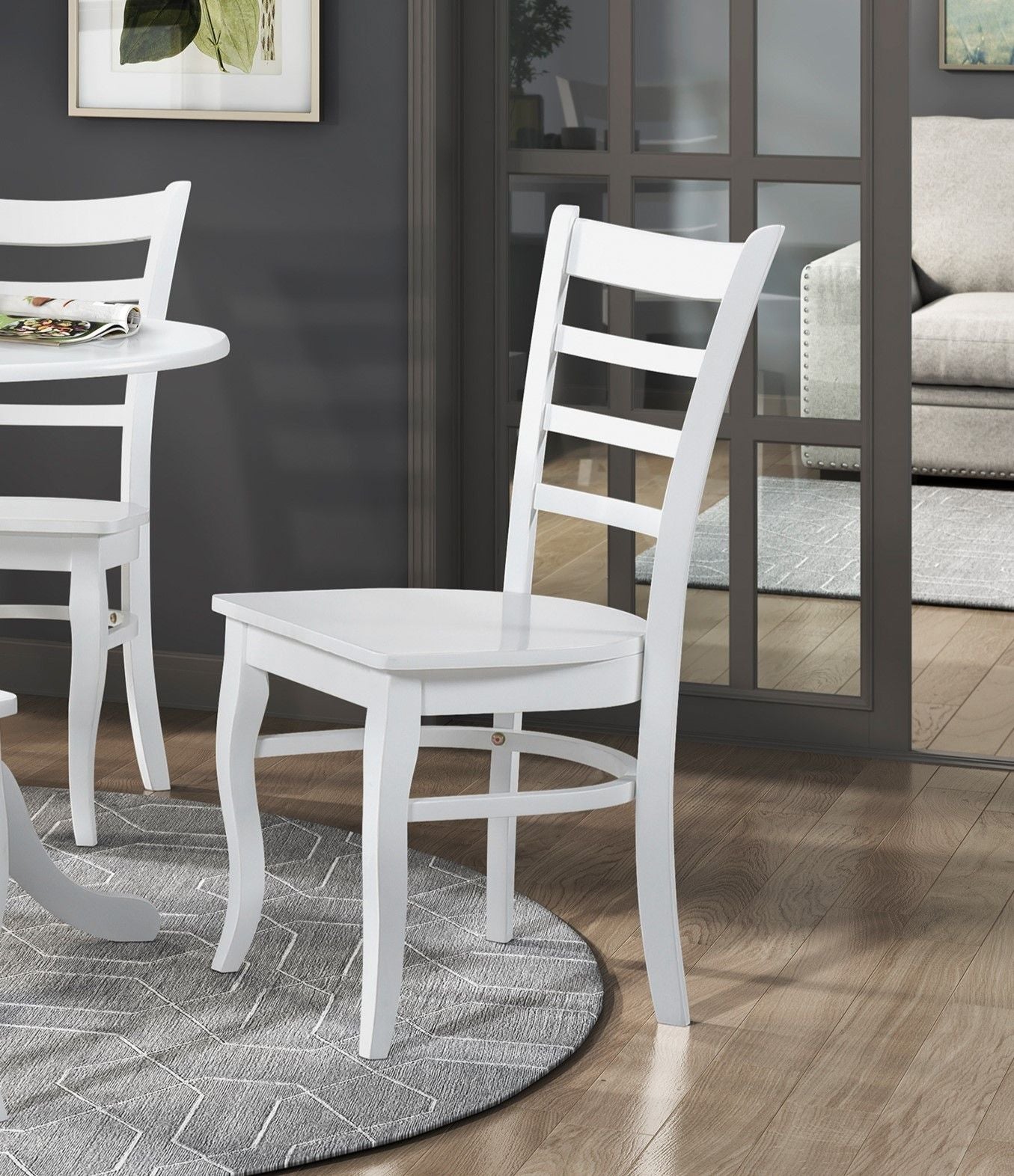 White Finish 3pc Set Round Table and Two Chairs Set Wooden Ladder-Back Casual Farmhouse Style Kitchen Dining Room Furniture