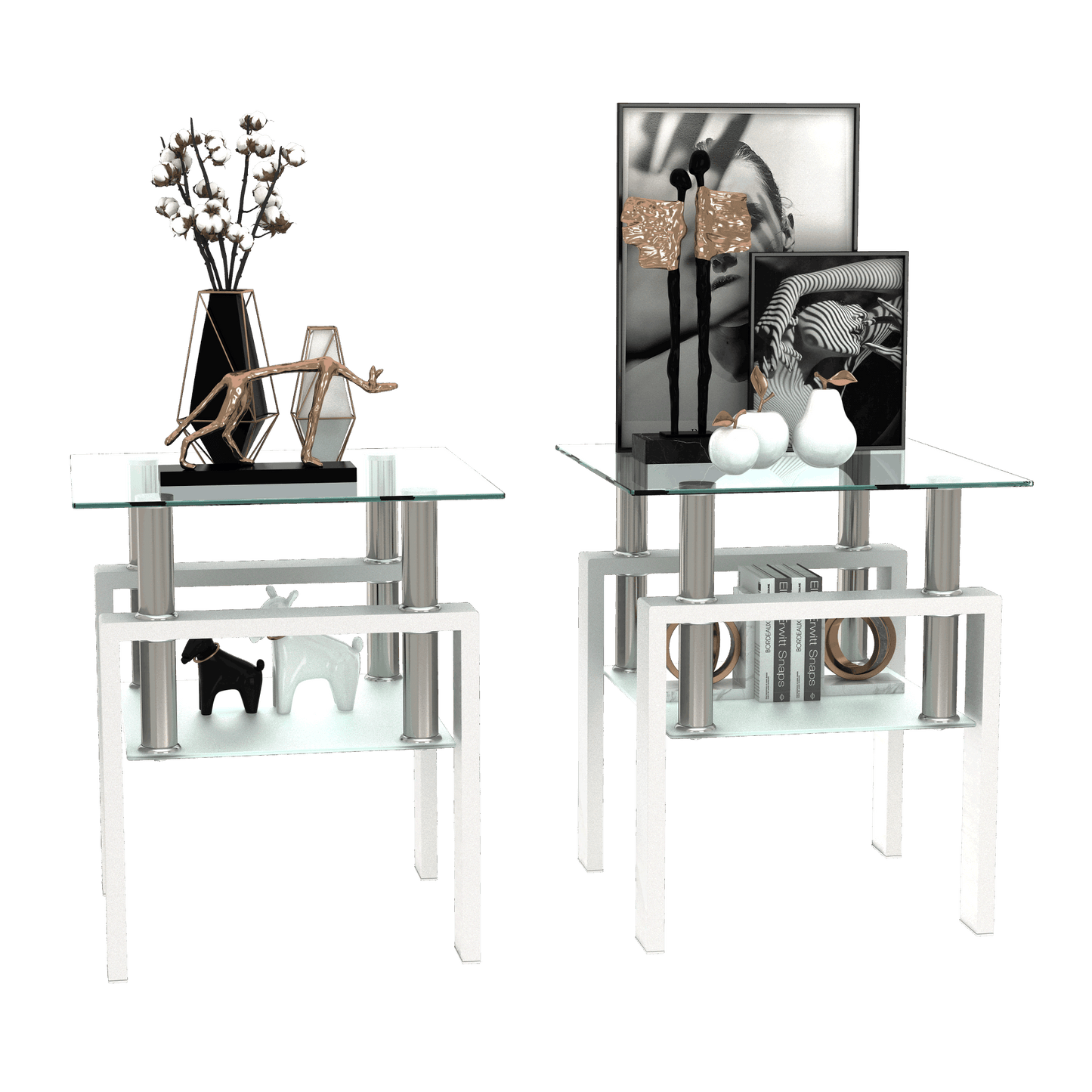 Set of 2, Modern Tempered Glass Tea Table Coffee Table End Table, Square Table for Living Room, Transparent/White